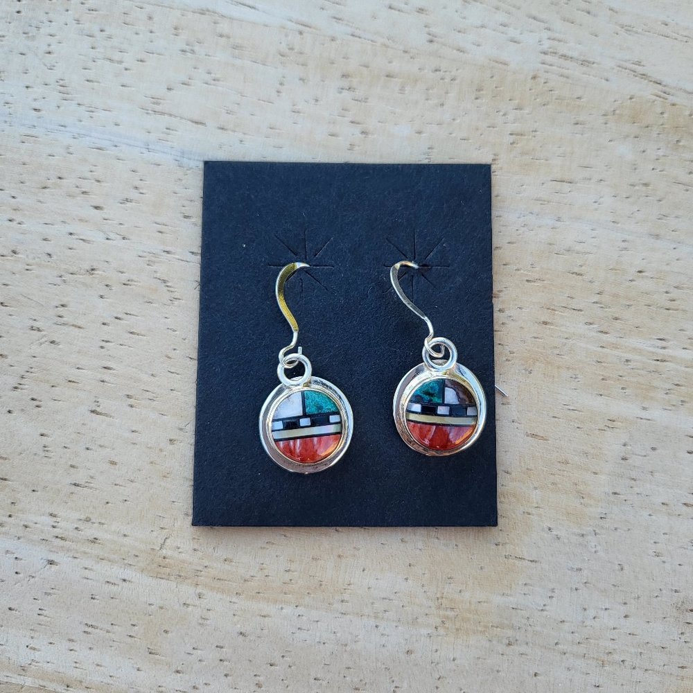 Zuni Sun Face Inlay Turquoise & Spiny Oyster Dangle Earrings NA Handmade Jewelry - Picture 3 of 8